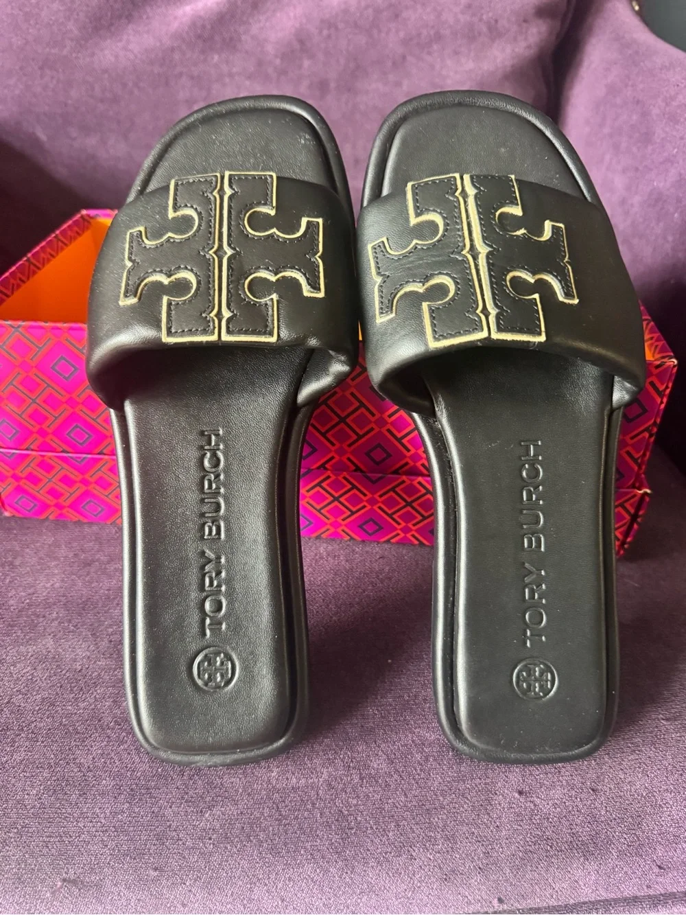 Tory Burch Black Slide Sandals with Gold Logo Trim
